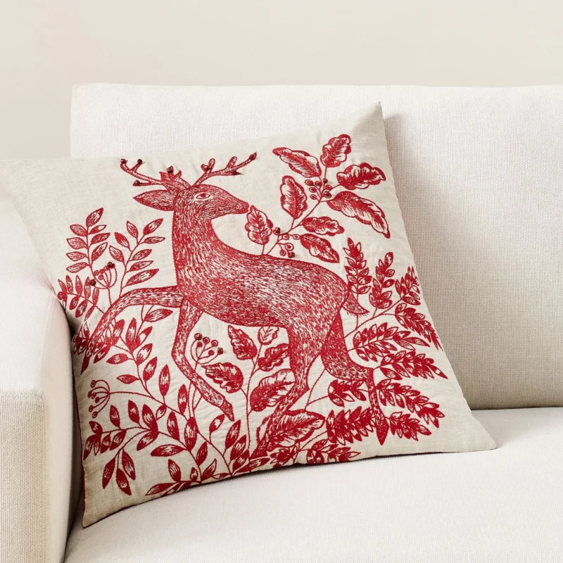 Deer Embroidered Pillow Cover