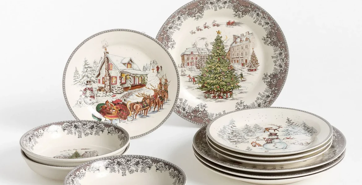 Vintage Christmas Stoneware 12-Piece Dinnerware Set