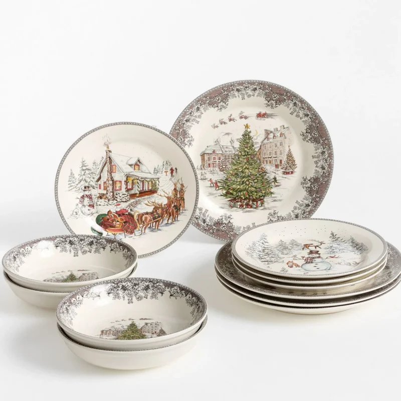 Vintage Christmas Stoneware 12-Piece Dinnerware Set