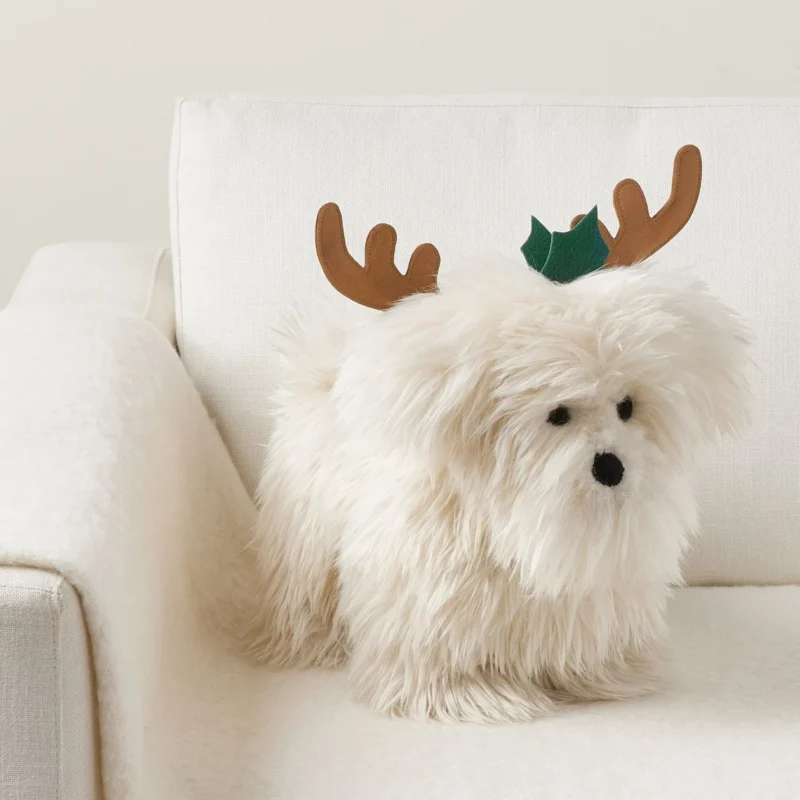 Luxe Faux Fur Dog with Antlers Shaped Pillow