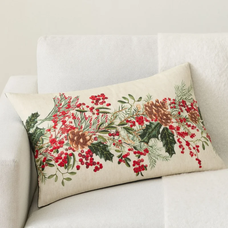 Holly Berry Embroidered Lumbar Pillow Cover