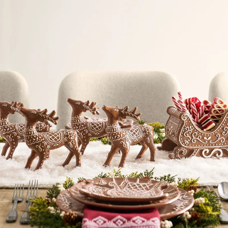 Handcrafted Ceramic Gingerbread Reindeer & Sleigh Set