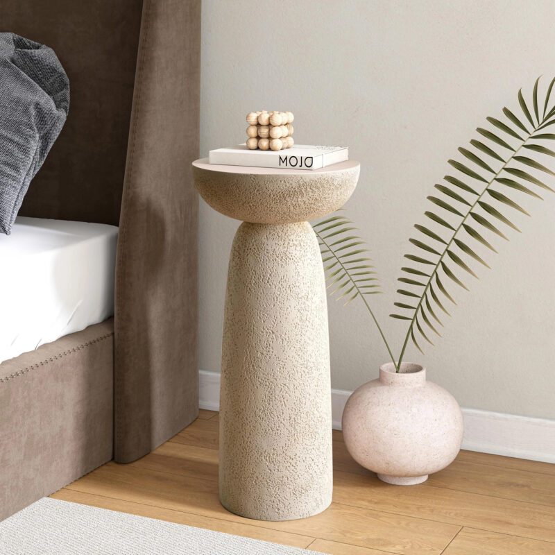 Pedestal Side Table, Modern Round Shape for Home Decor, Stone-Inspired with Hourglass Design, Bei...