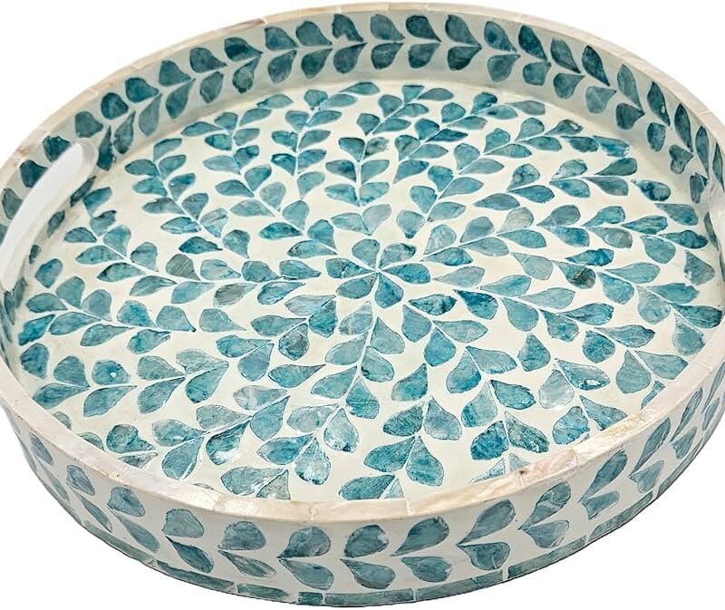 PEMAR 12.6u201d Mother of Pearl Round Serving Tray with Handles, Decorative Nacred Wooden Ottoma...