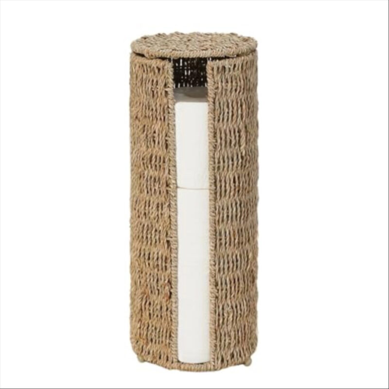 PINXIURY Seagrass Toilet Paper Holder with Storage, 3 Rolls of Wicker Toilet Paper Holder for Bathroom and Under Sink, Handmade Woven Toilet Paper Rolls Holder Stand