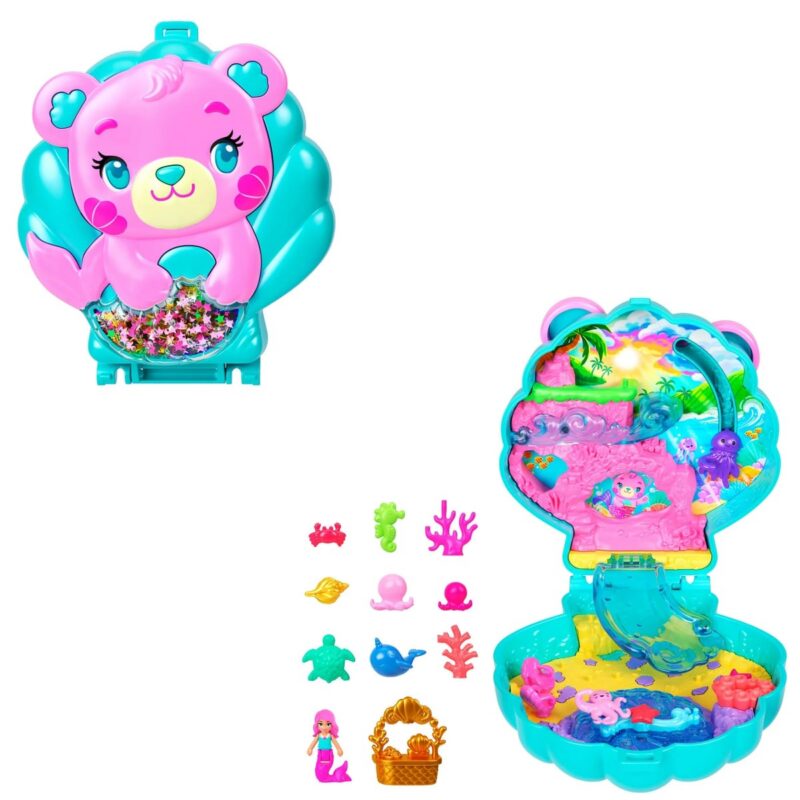 Polly Pocket Glitter Island Compact Playset with 1 Micro Mermaid Doll and Ocean Pets, Travel Toy with Themed Accessories