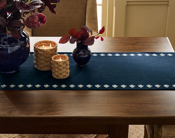 Pottery Barn Kravet Floral Embroidered Cotton/Linen Table Runner