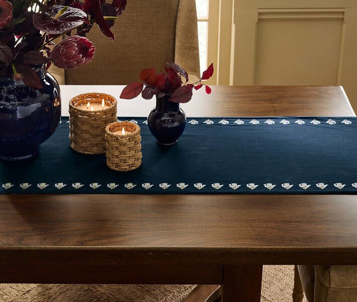 Pottery Barn Kravet Floral Embroidered Cotton/Linen Table Runner