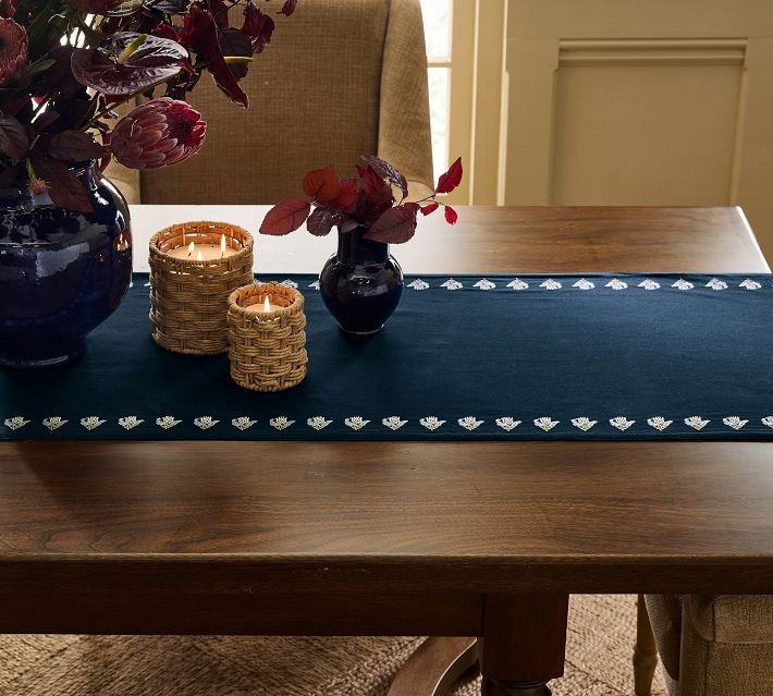 Pottery Barn Kravet Floral Embroidered Cotton/Linen Table Runner