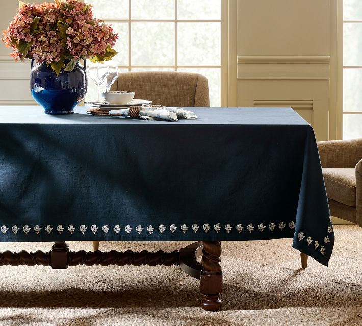 Pottery Barn Kravet Floral Embroidered Cotton/Linen Tablecloth