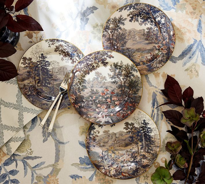 Pottery Barn Kravet Folly Scenic Stoneware Salad Plates - Mixed Set of 4