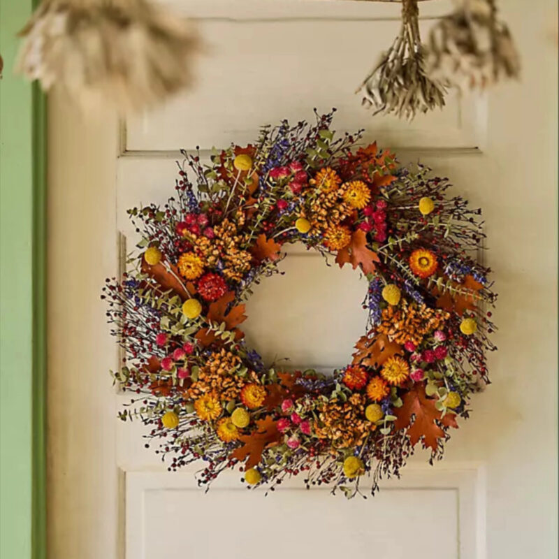 Preserved Flax, Daisy, Strawflower + Amaranthus Wreath