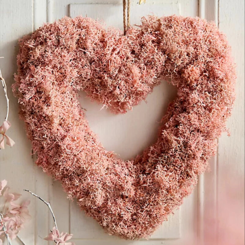 Preserved Reindeer Moss Heart Wreath, Pink