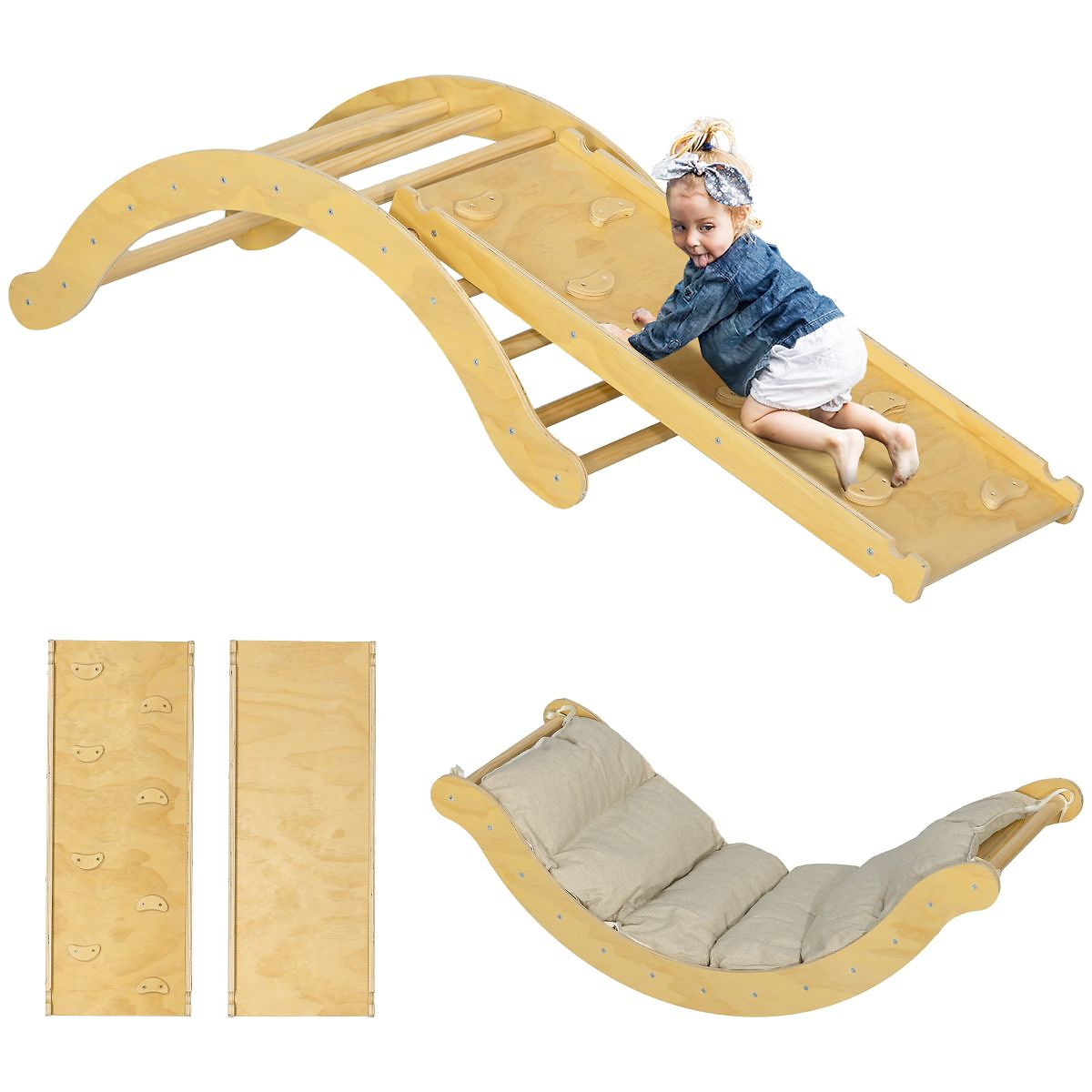 Qaba Toddler Climbing Toys Set, Indoor 4 In 1 Pikler Set with Arch Climber, Ramp & Cushion, Woode...