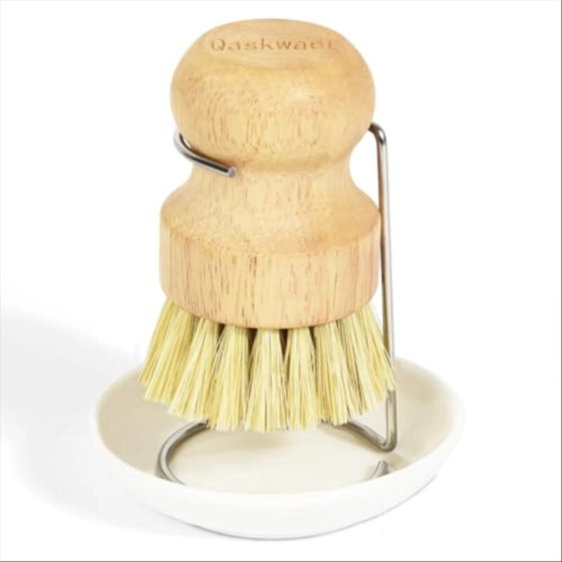 Qaskwaer Wooden Dish Brushes, Dish Dishwashing Brush for Cleaning Dishes, Kitchen Wooden Cleaning Dsihes Set with Draining Rack, Natural Sisal Bristles, 1 Set