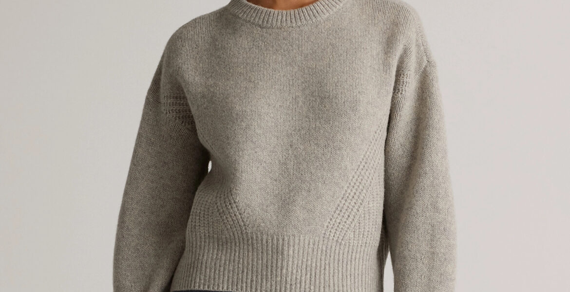Quince | Women's 100% Yak Wool Pointelle Detail Relaxed Crew Neck Alpaca Sweater in Warm Heather Grey, Size Medium