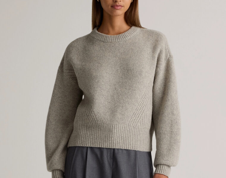 Quince | Women's 100% Yak Wool Pointelle Detail Relaxed Crew Neck Alpaca Sweater in Warm Heather Grey, Size Medium