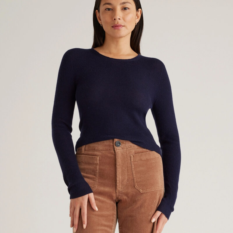 Quince | Women's Featherweight Cashmere Ribbed Crewneck Sweater in Deep Navy, Size Small