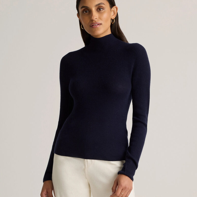 Quince | Women's Featherweight Cashmere Ribbed Mockneck Sweater in Deep Navy, Size Small