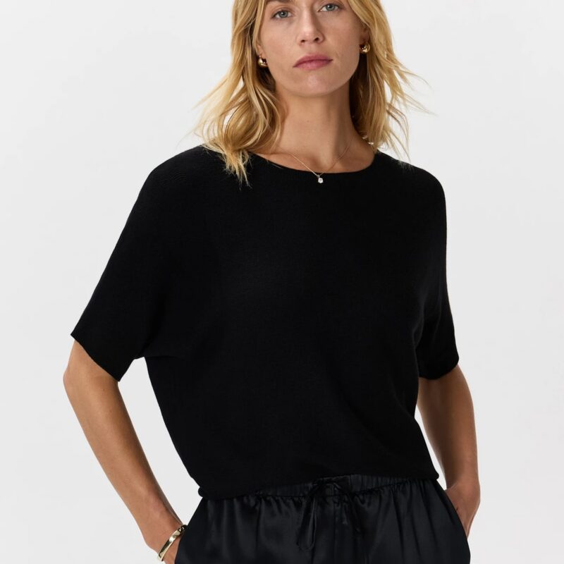 Quince | Women's Lightweight Cotton Cashmere Link-Stitch Dolman Sweater in Black, Size XL