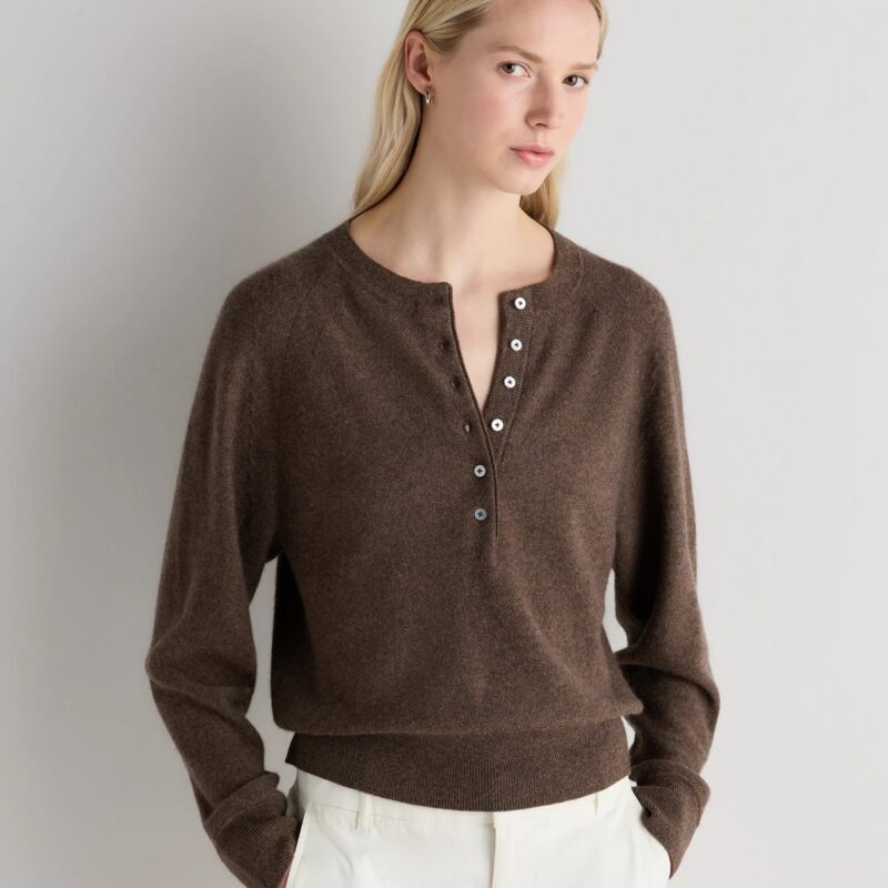 Quince | Women's Mongolian Cashmere Dolman Sleeve Henley Sweater in Heather Grey, Size Small