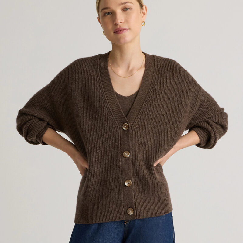 Quince | Women's Mongolian Cashmere Fisherman Boxy Cropped Cardigan Sweater in Brown, Size Large