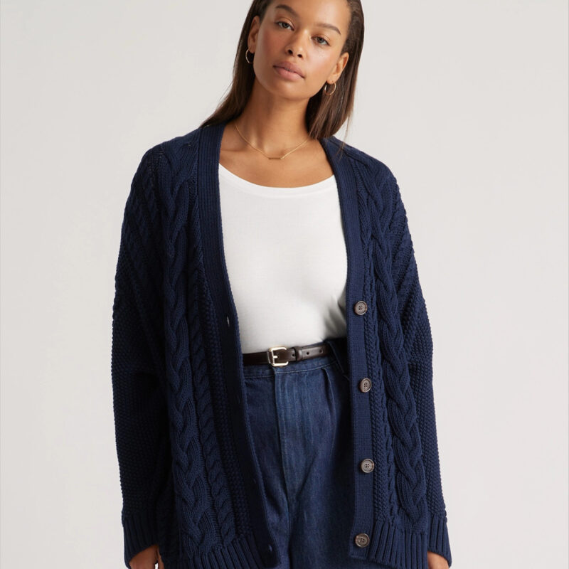 Quince | Women's Oversized Cable Cardigan Sweater in Navy, Size Small, Organic Cotton