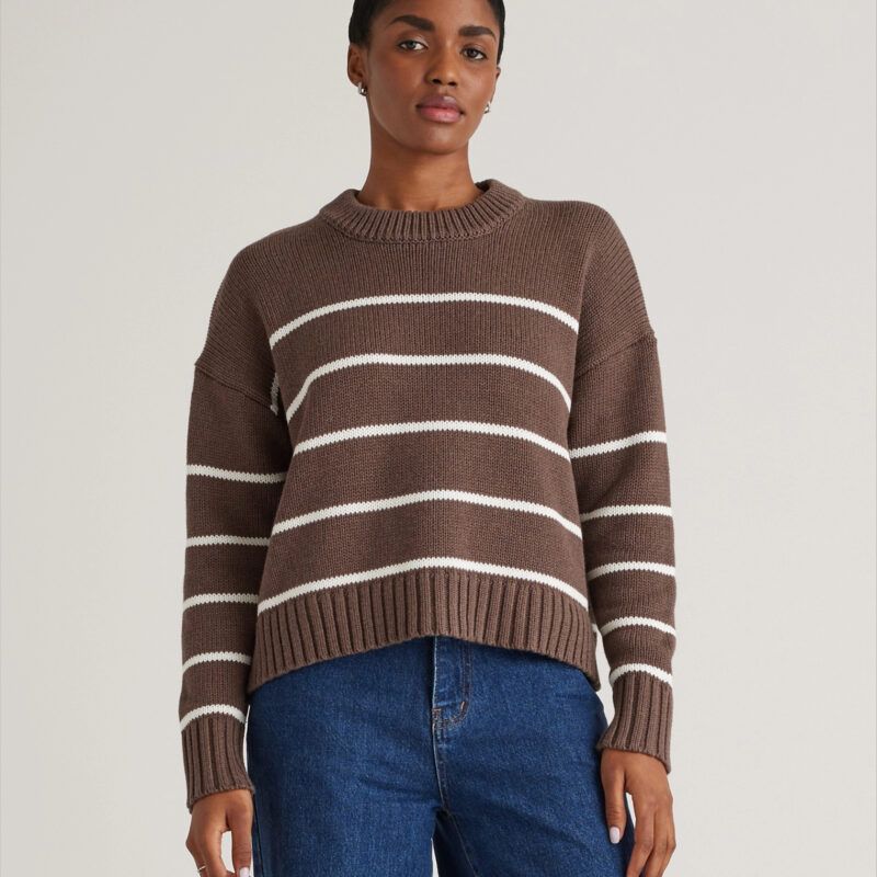 Quince | Women's Striped Crew Sweater in Heather Brown/Ivory, Size Medium, Organic Cotton