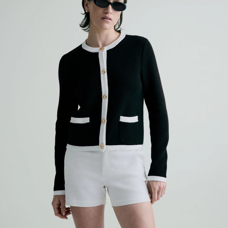 Quince | Women's Sweater Jacket in Black/Ivory Colorblock, Size Medium, Organic Cotton