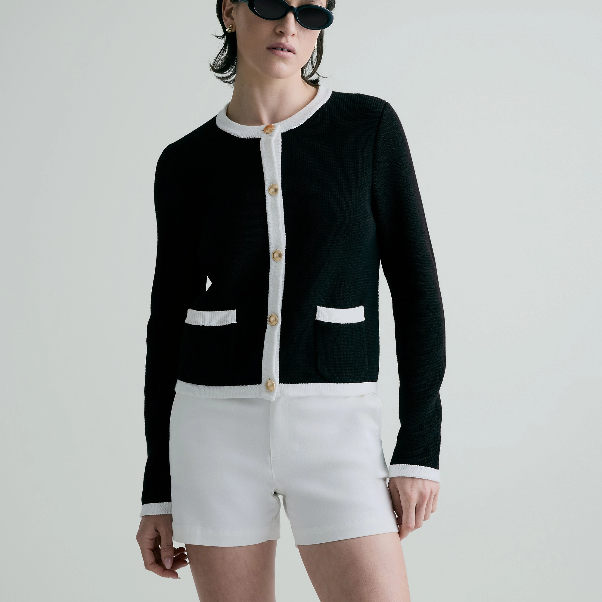 Quince | Women's Sweater Jacket in Black/Ivory Colorblock, Size Medium, Organic Cotton