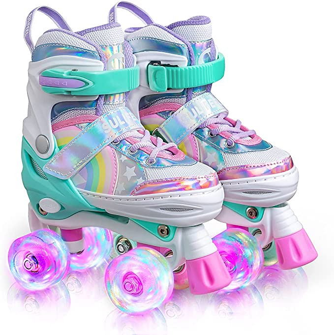 Rainbow Unicorn 4 Size Adjustable Roller Skates for Girls Boys for Kids Ages 3-5 5-8 6-12 Childre...