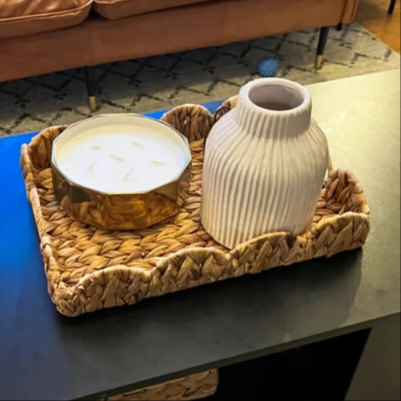 Rectangle Wicker Scalloped Tray, Handwoven Rectangular Tray with Scalloped Edge, Natural Water Hyacinth Serving Basket with Handles, 15x11 Inch Decorative Organizer for Home & Parties