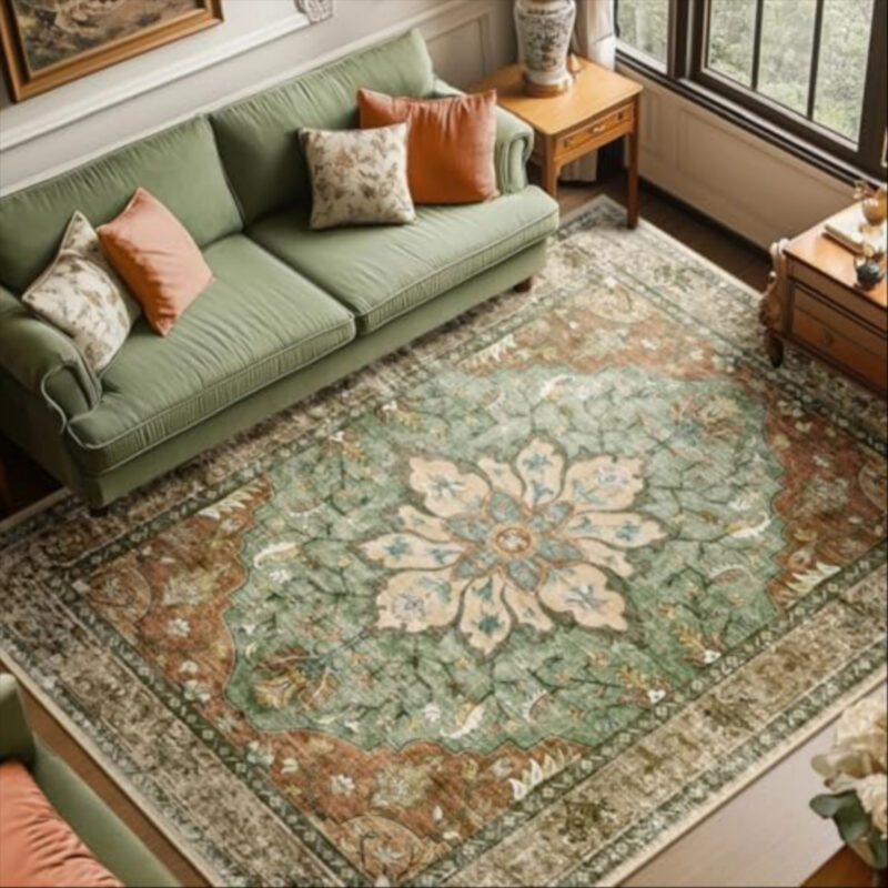 RELEANY Area Rugs 8'x10' Washable Non-Slip, Floral Vintage Distress Print Pattern Medallion Carpe...