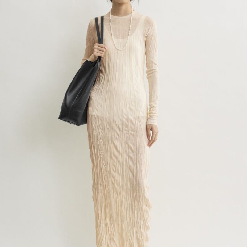 Crinkled knit long-sleeve dress pale apricot – Toteme - INT