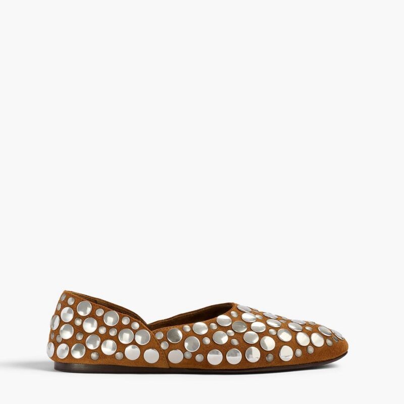 Jane Flat in Caramel Suede with Silver Studs – Khaite