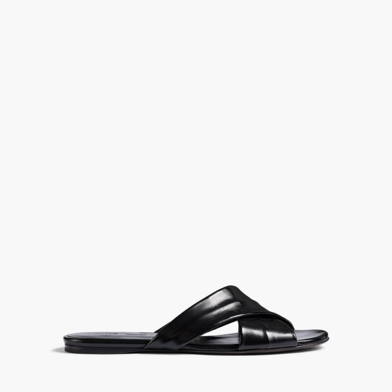Liria Flat Sandal in Black Glazed Leather – Khaite
