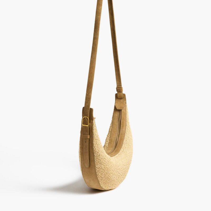 Small Augustina Crossbody Bag in Wheat Suede and Natural Raffia – Khaite