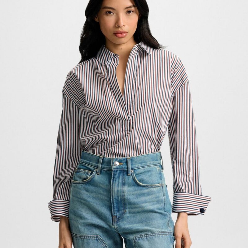 Draymond Striped Cuff-Sleeve Shirt – Veronica Beard