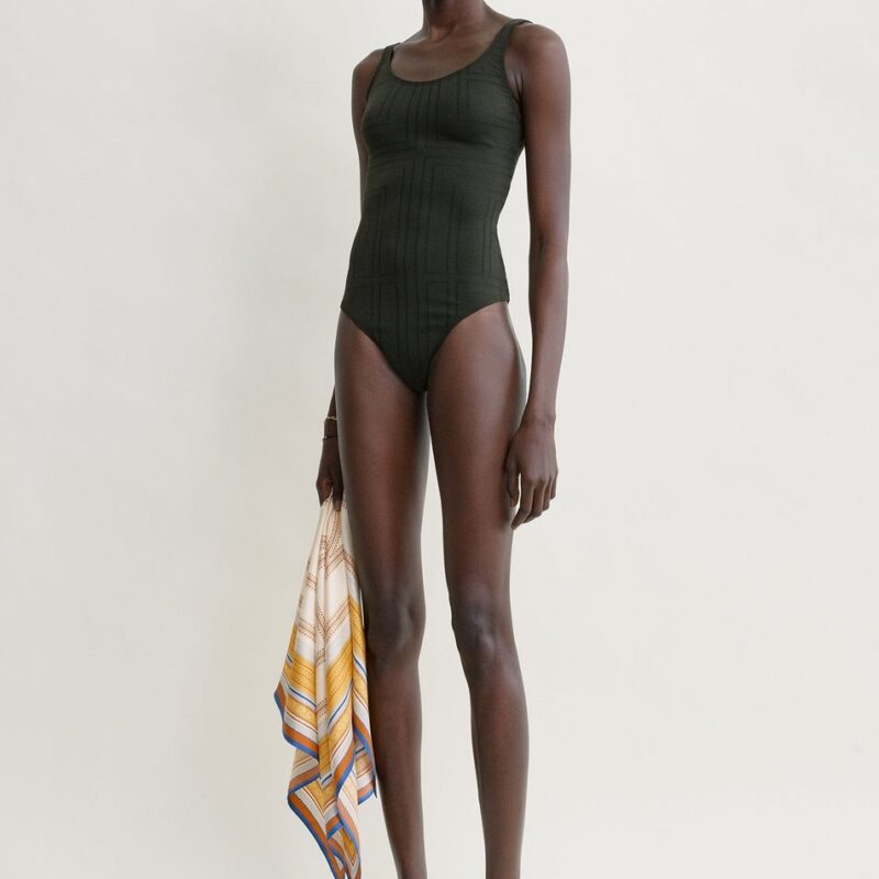 Monogram pointelle swimsuit dark green – Toteme - INT