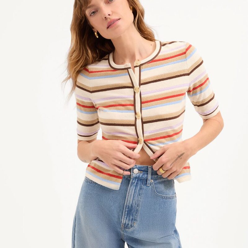 Brendan Striped Short-Sleeve Cardigan – Veronica Beard