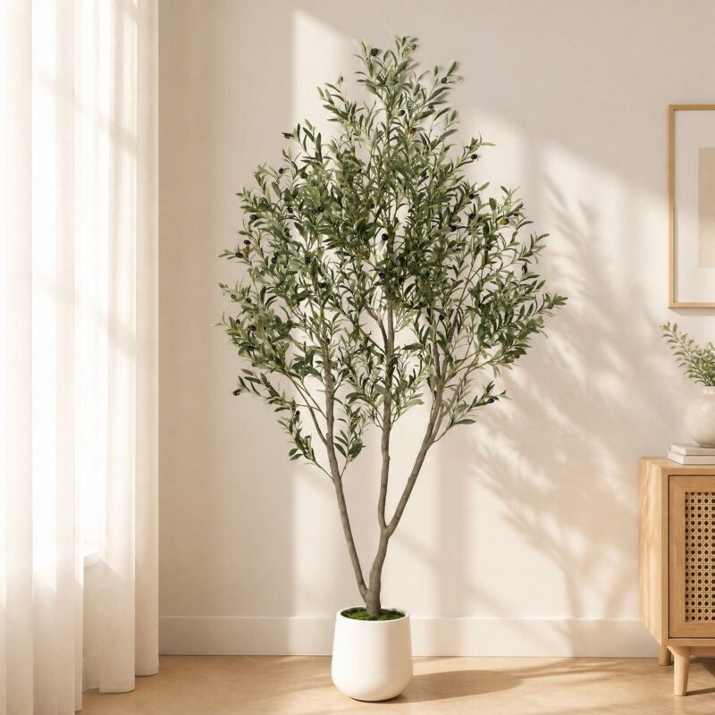 Romswi Olive Faux Tree, 7ft Tall Artificial Olive Tree with White Tall Pot, with Natural Leaves L...