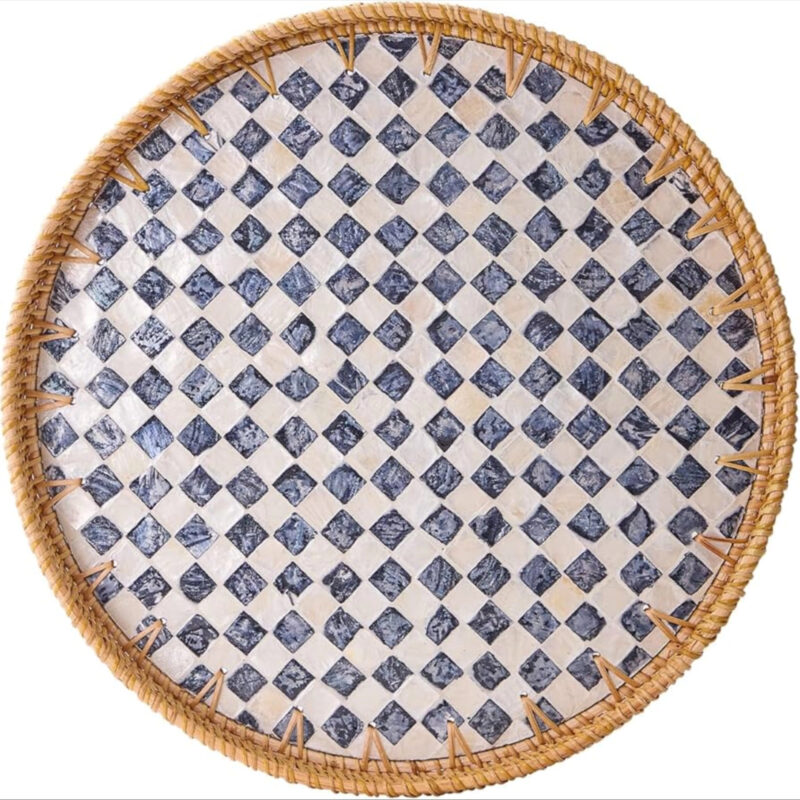 Round Rattan Tray with Mother of Pearl Inlay, Rattan Serving Tray with Wooden Base, Decorative Wi...