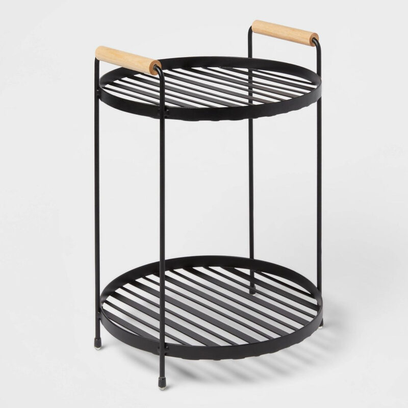 Round Vanity Organizer with Wood Handles Matte Black - Brightroom™: Steel Bathroom Tray, Perfum...