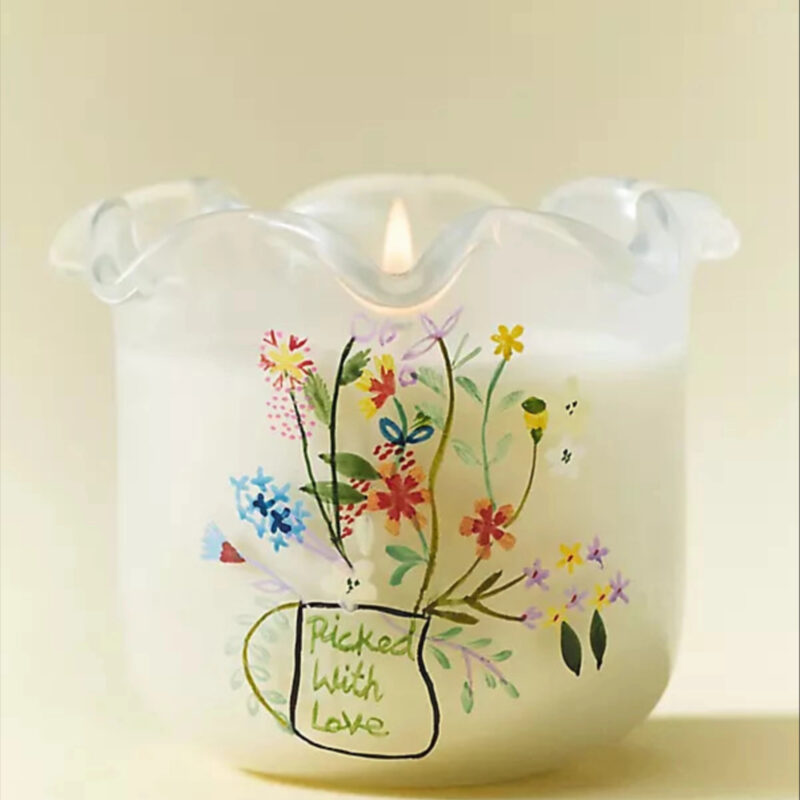 Ruffled Edge Floral Wildflower Bouquet Glass Candle