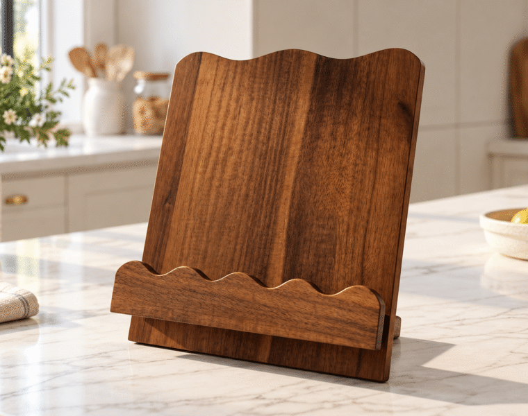 Antiqued wood scalloped cookbook holder displayed on a bright kitchen counter.