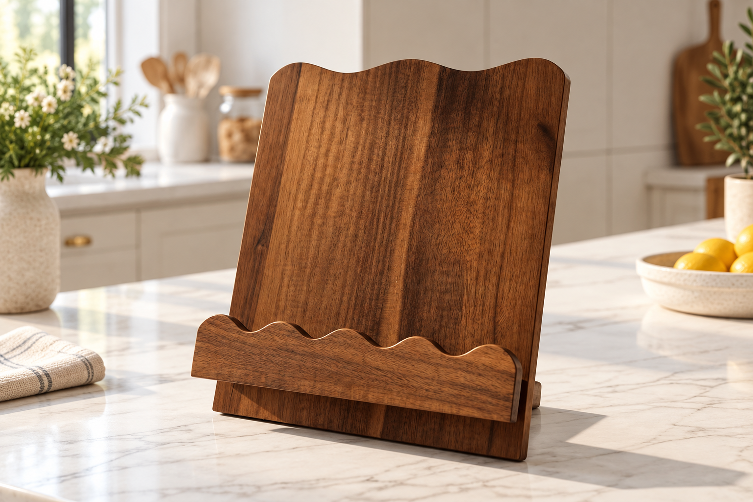 Antiqued wood scalloped cookbook holder displayed on a bright kitchen counter.