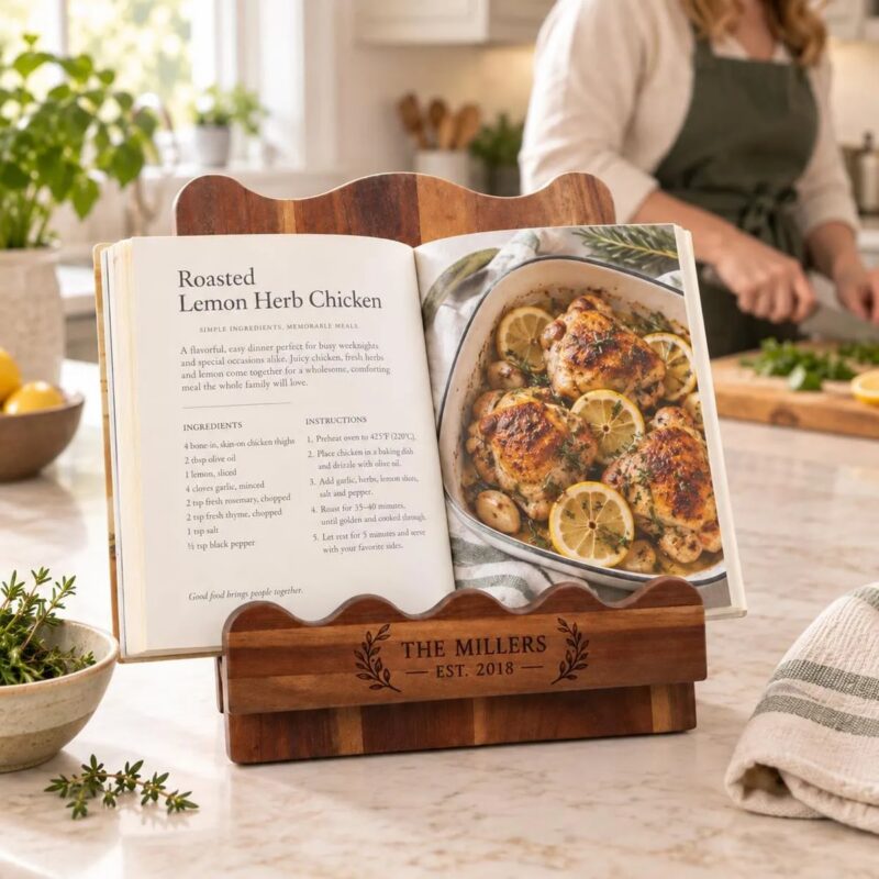 Scalloped Wood Cookbook Stand, Christmas Gift for Mom, Rustic Farmhouse Wood Kitchen Decor, Cookbook Recipe Holder, Housewarming Gift