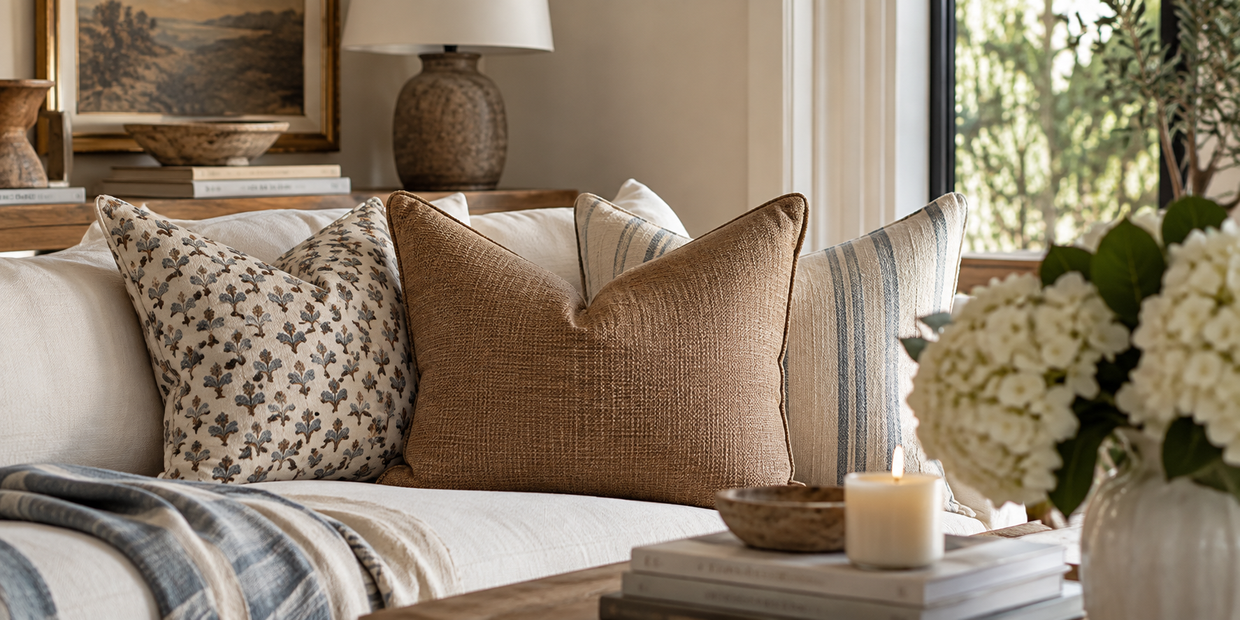 Layered neutral pillows and flowers in an elegant living room