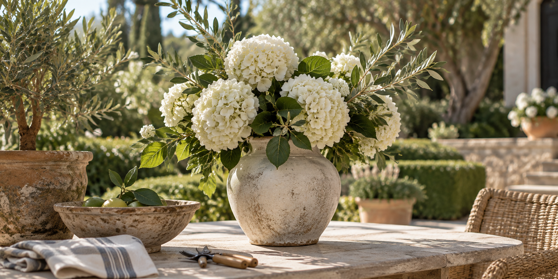 White hydrangeas on a sunlit garden table