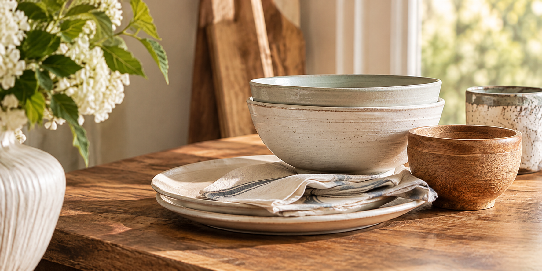 Handcrafted bowls and plates on a warm wood kitchen table